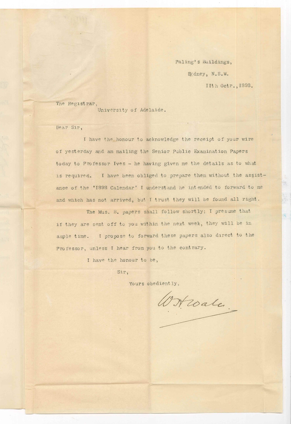 William Henry Wale - Sydney - Sending Exam Papers for Theory of Music