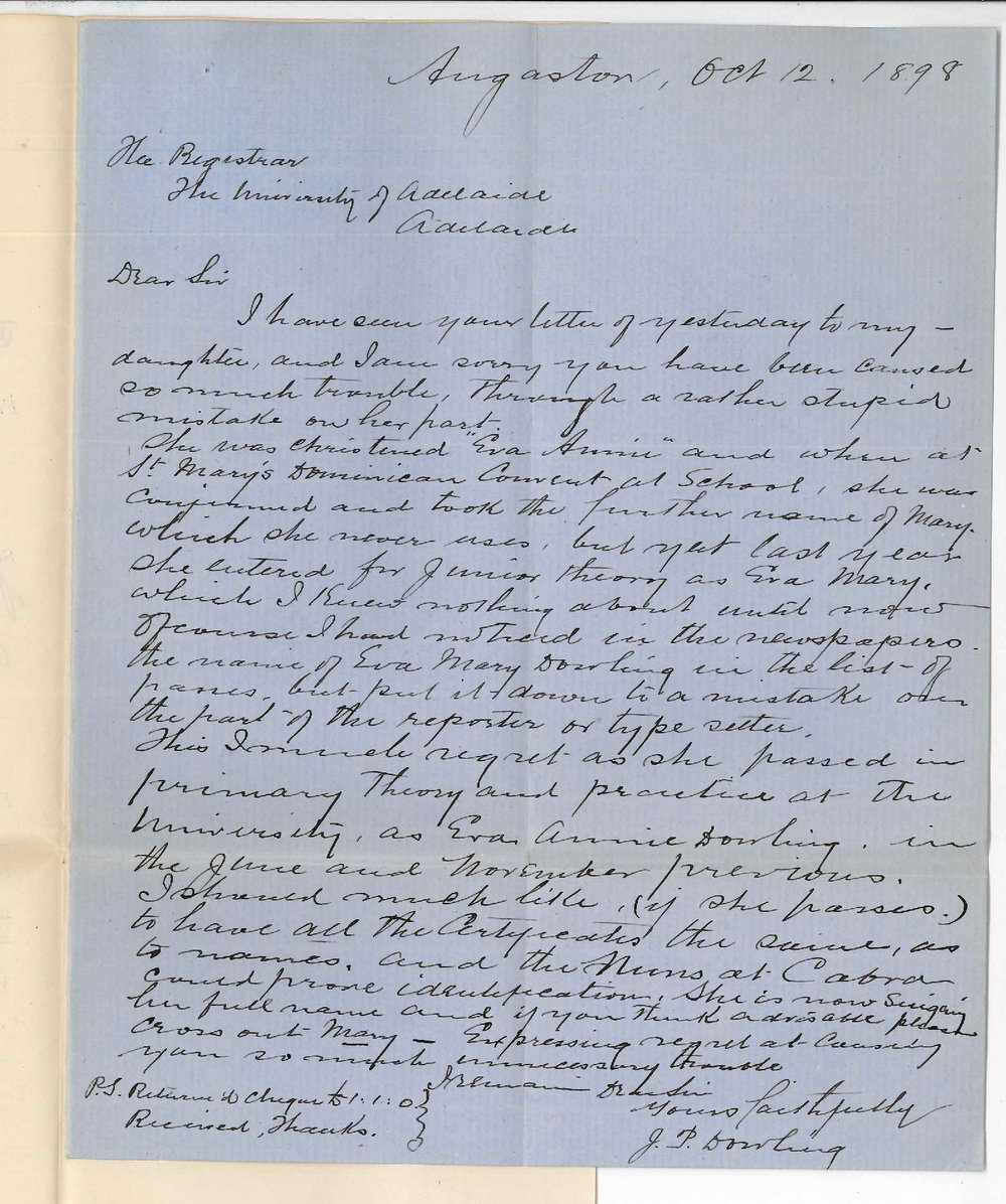 J P Dowling - Angaston - Miss Eva Annie Mary Dowling name on Entrance form