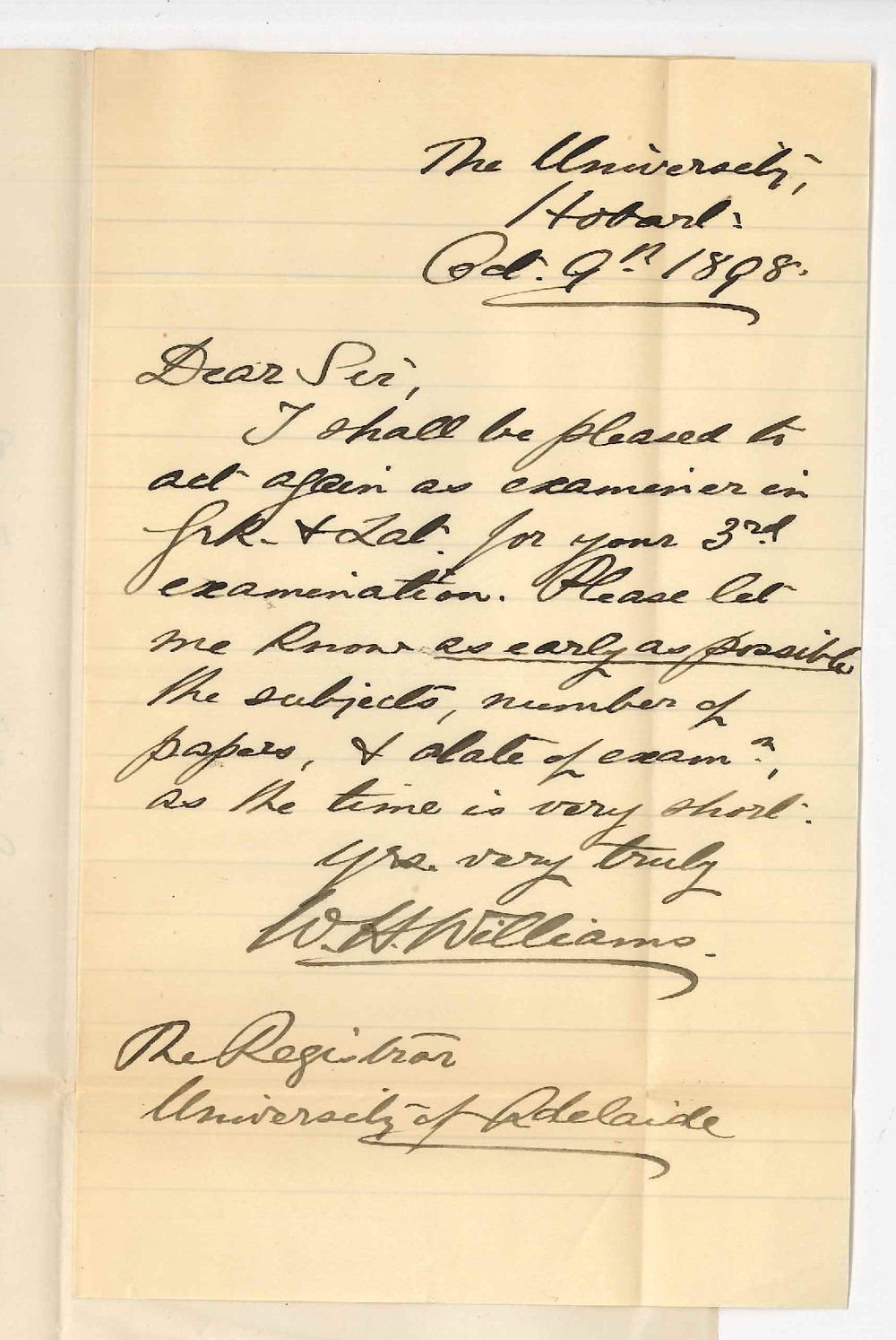 W H Williams - University - Hobart - Consenting to act as Examiner in Greek and Latin