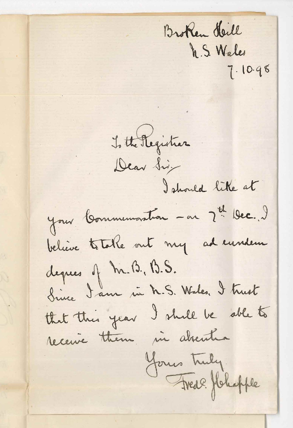 Frederic John Chapple - Broken Hill - Wishing to take out ad eundem degrees of MB and BSc at the Commemoration