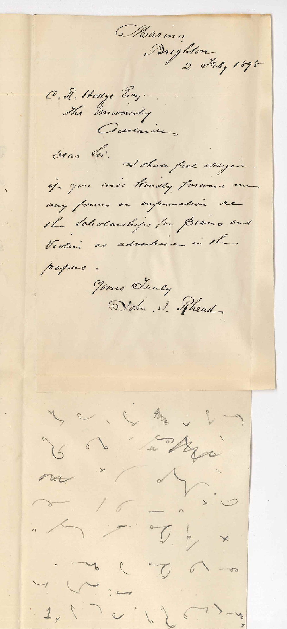 John J Rhead - Brighton - Information re Scholarship for Piano and Violin