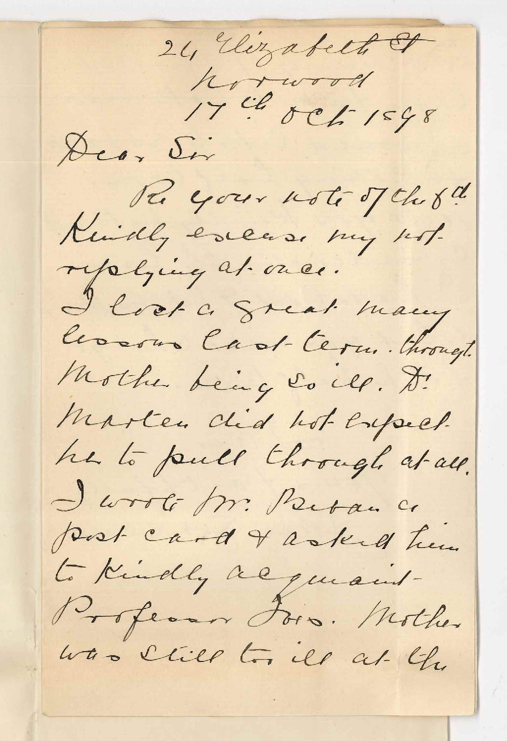 Miss Jane Greene - Norwood - Lessons missed at Conservatorium