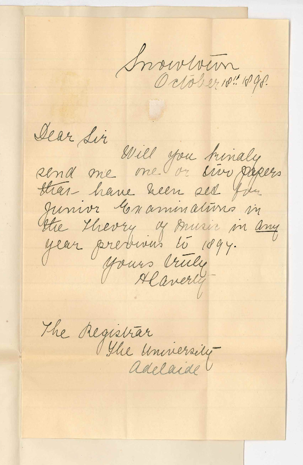 Miss H Laverty - Snowtown - Asks for old Theory of Music Papers