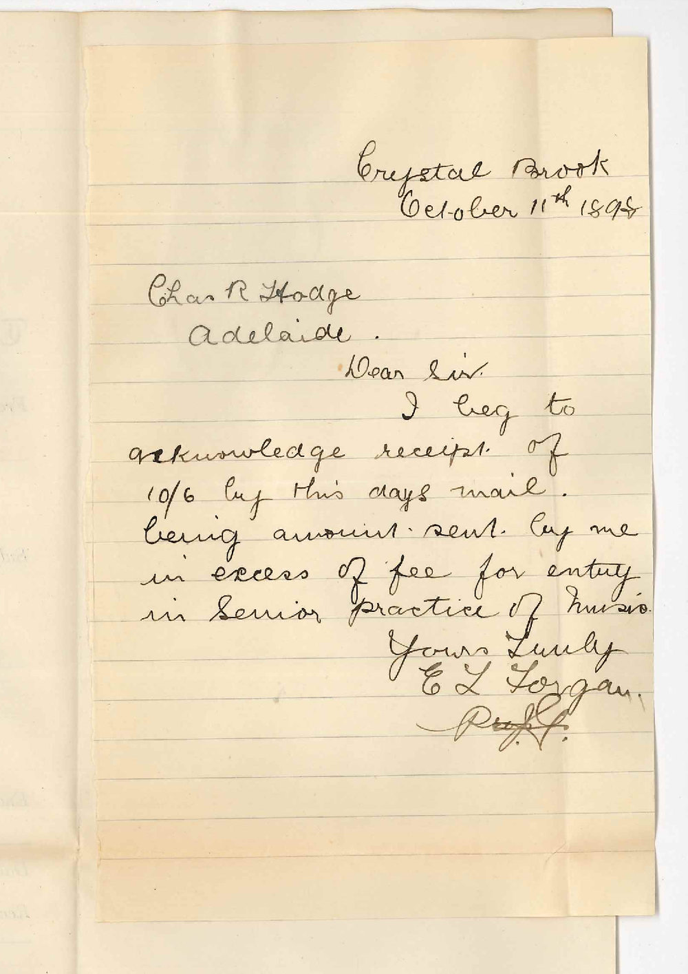 Miss E L Forgan - Crystal Brook - Acknowledges return of ten shillings and six pence