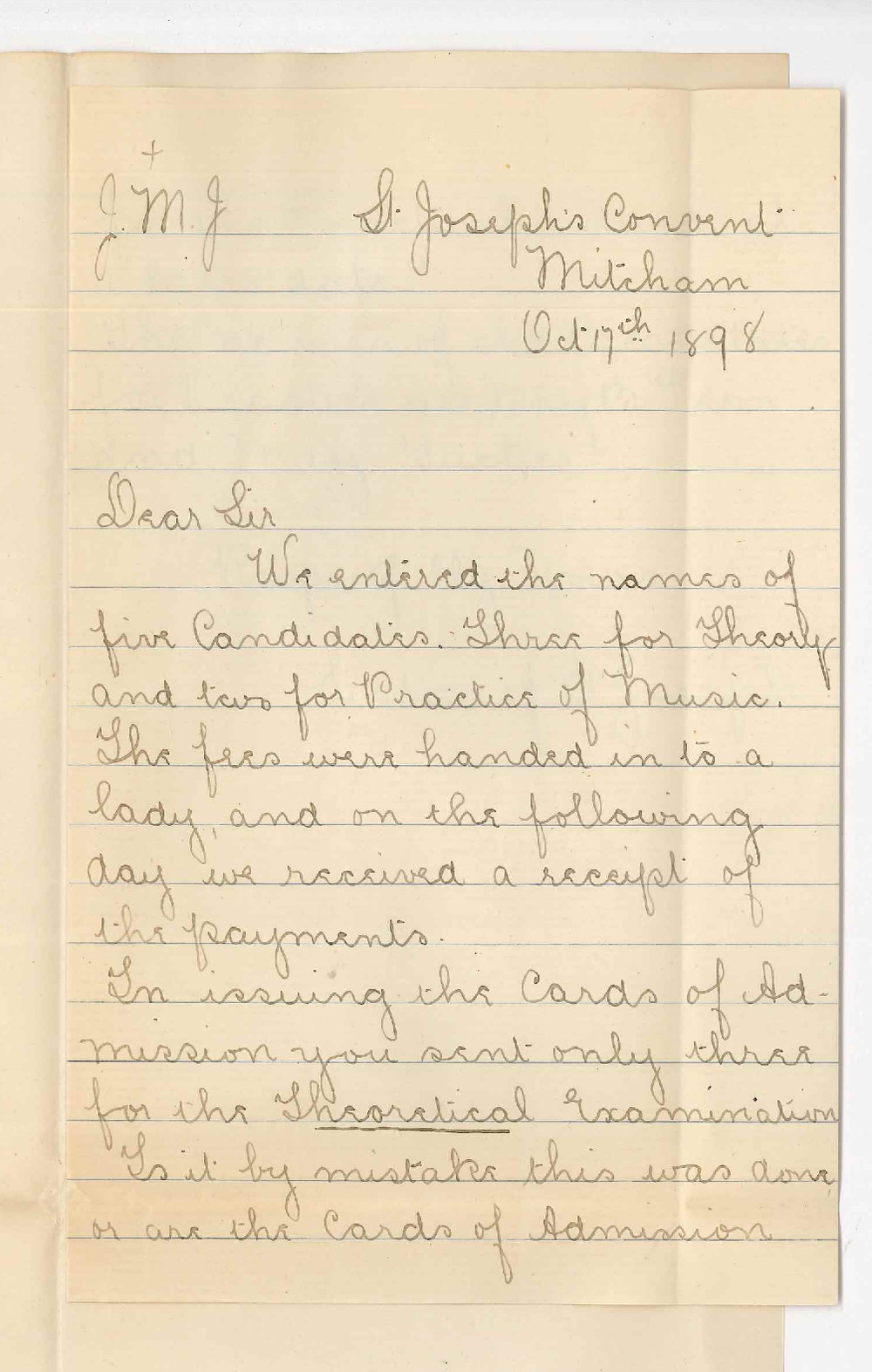 St Josephs Convent - Mitcham - Cards for candidates to Music Examinations