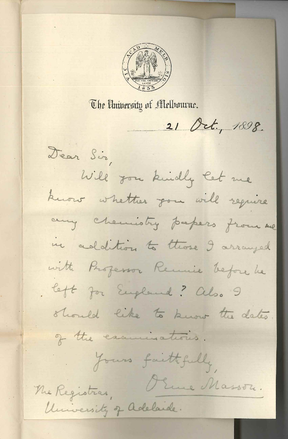 Orme Masson - Melbourne - Chemistry Papers Dates of Examinations