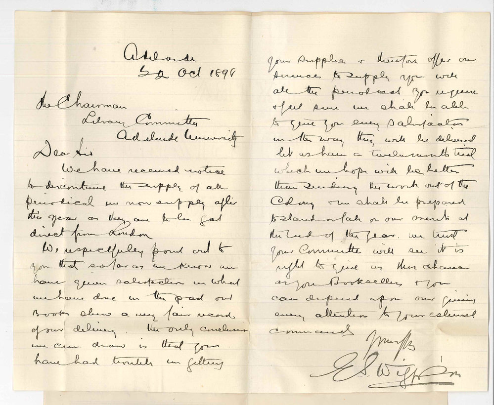 E S Wigg and Son - Adelaide - Notice to discontinue supply of Periodicals