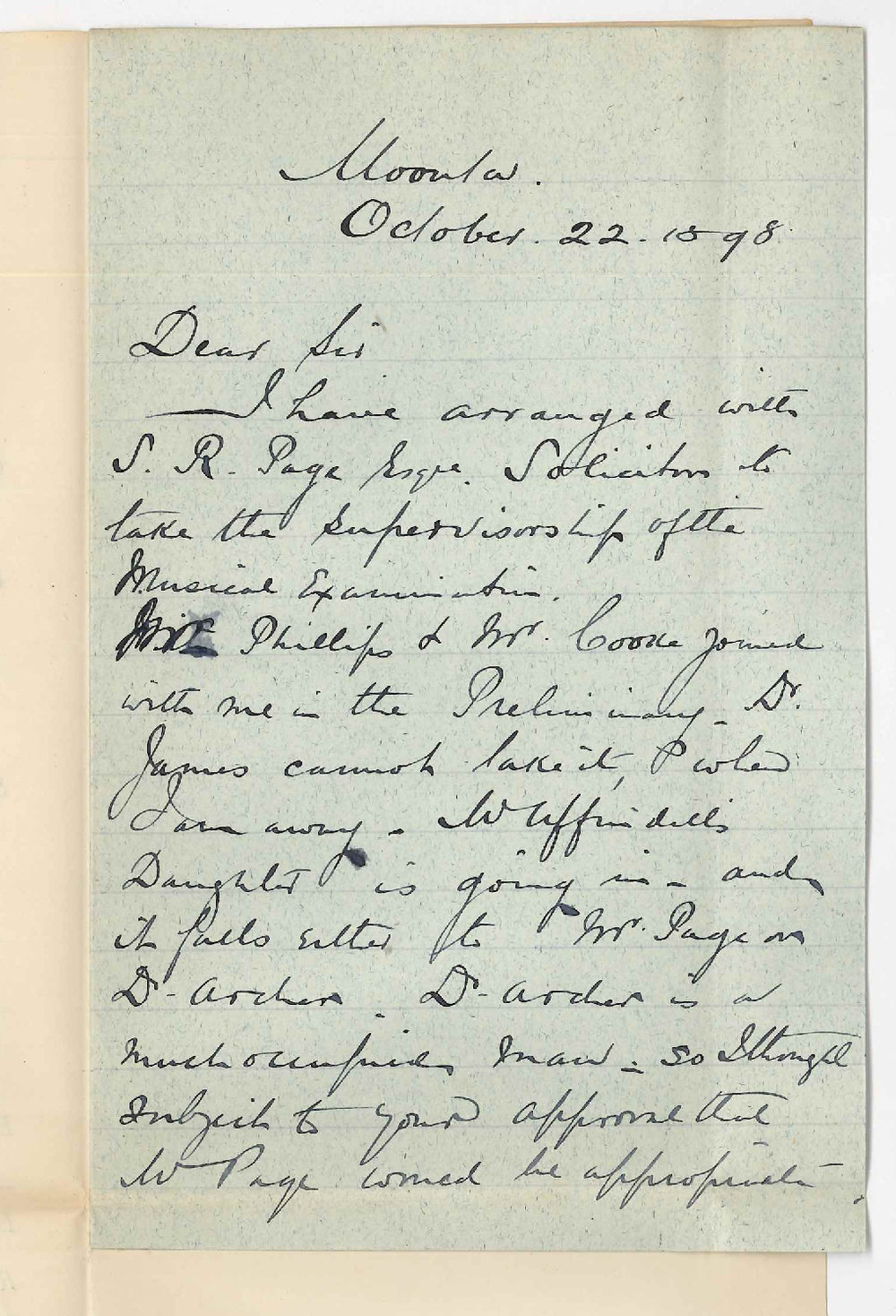 Dr J H G Drummond - Moonta - Re Music Examinations