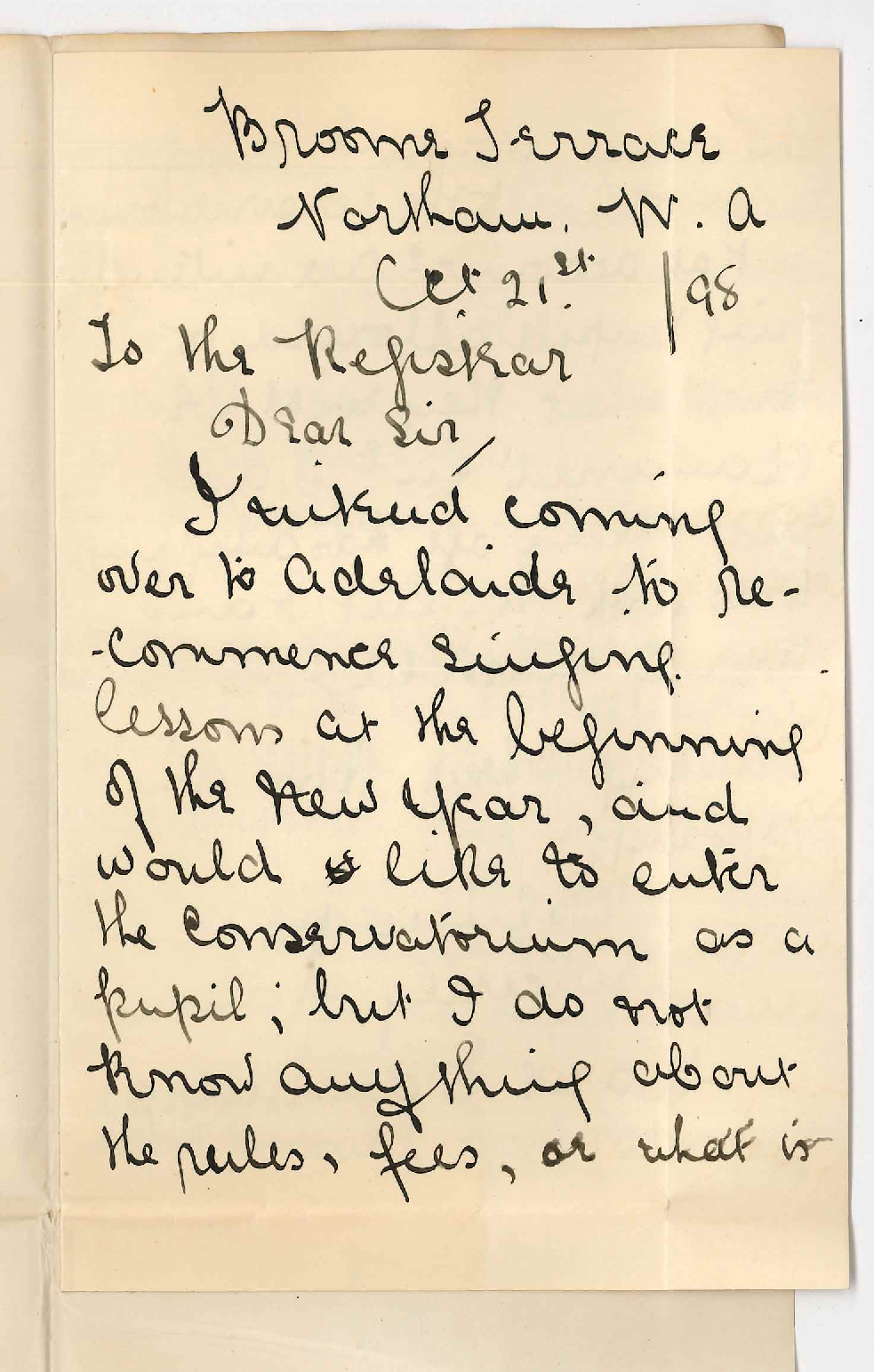 Miss Marie Edwardes - Northam Western Australia - Wishes to become Conservatorium  pupil