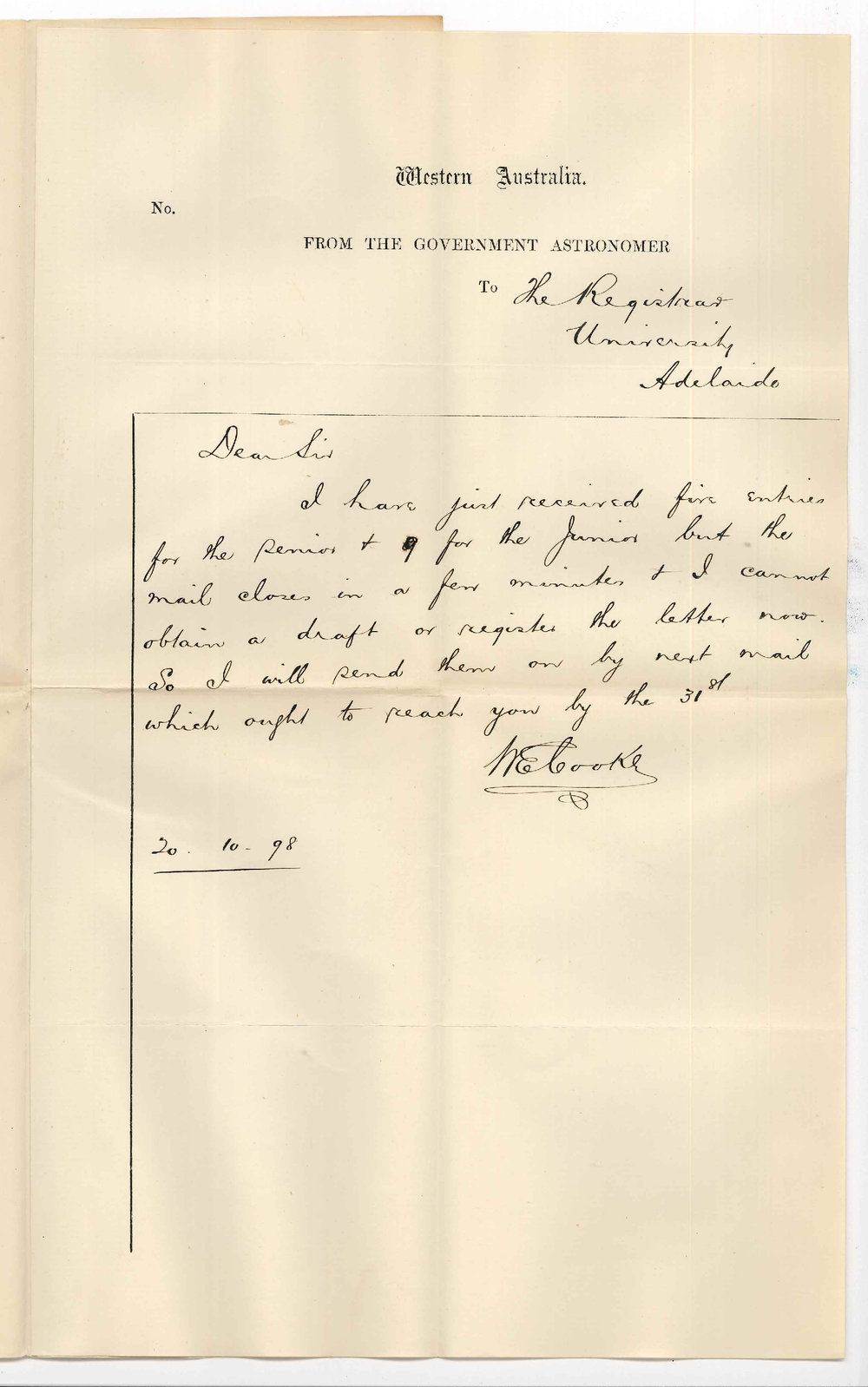 W Ernest Cooke - Perth Western Australia - Has received 5 Entries for Senior and 9 for Junior Examinations