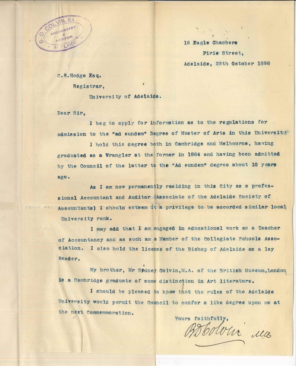 Bazett David Colvin MA - Adelaide - Re Ad eundem statum