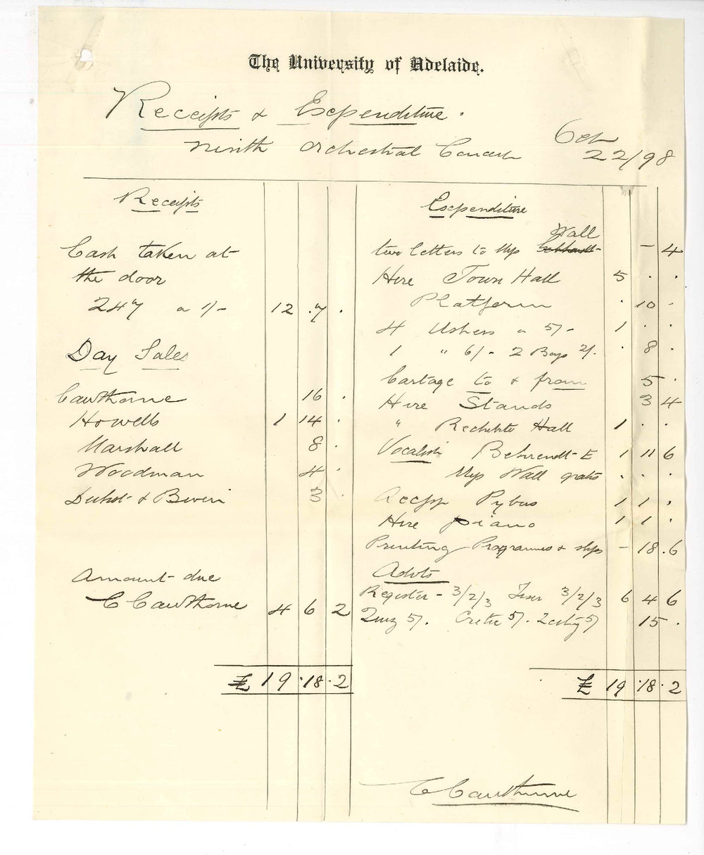 Charles Cawthorne - Adelaide - Statement of Accounts - 9th Orchestral Concert