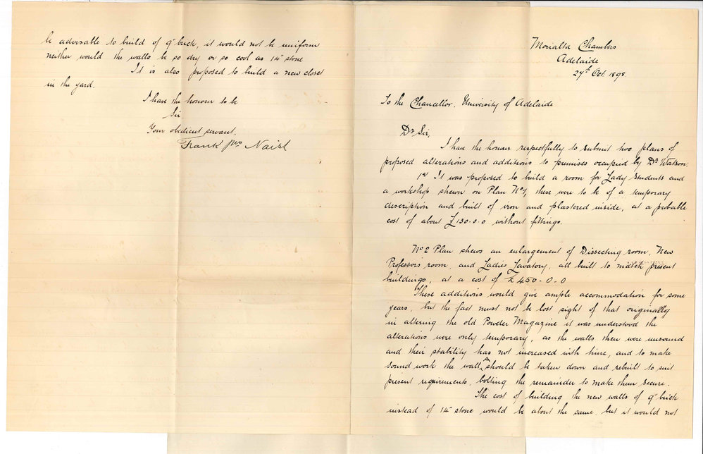 Frank John Naish - Adelaide - Estimate for alterations in Dissecting Room