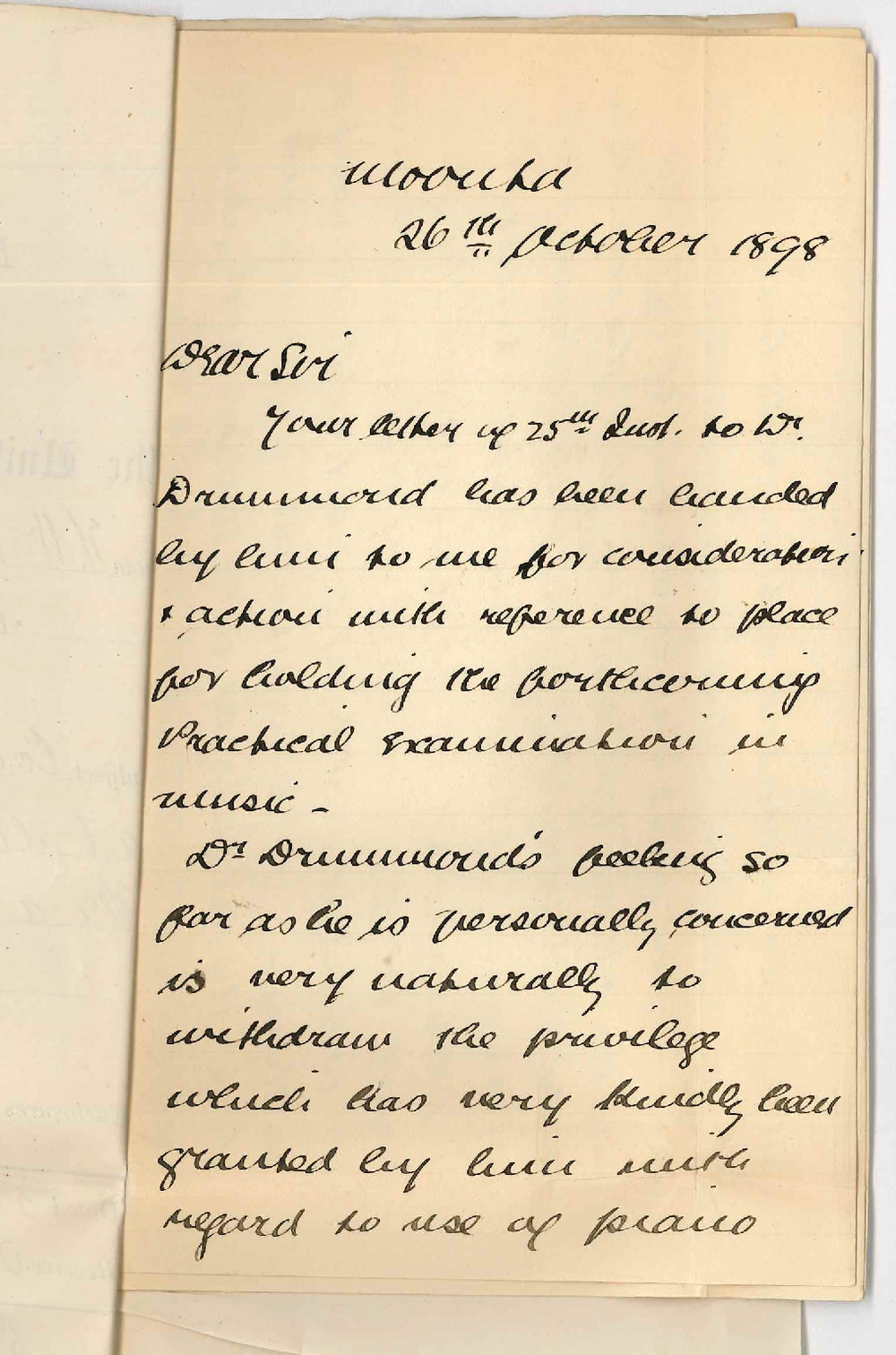 H W Uffindell - Moonta - Concerning Exam at Moonta in Practice of Music