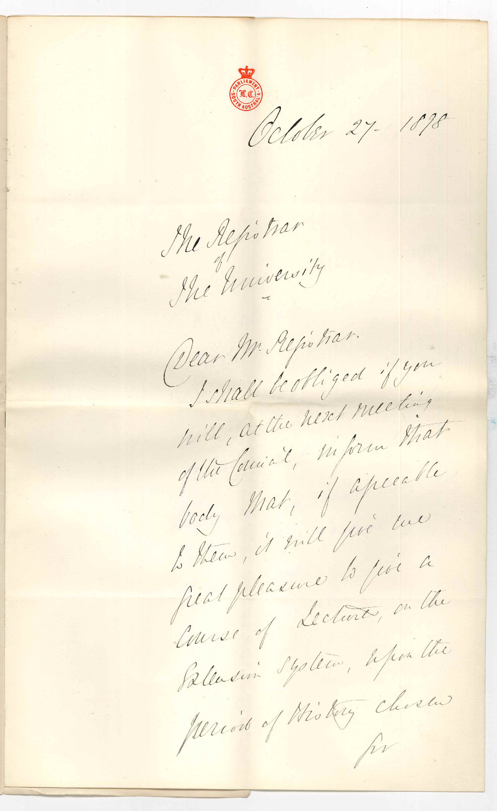 Edwin Gordon Blackmore - Clerk of Parliament - Extension Lectures