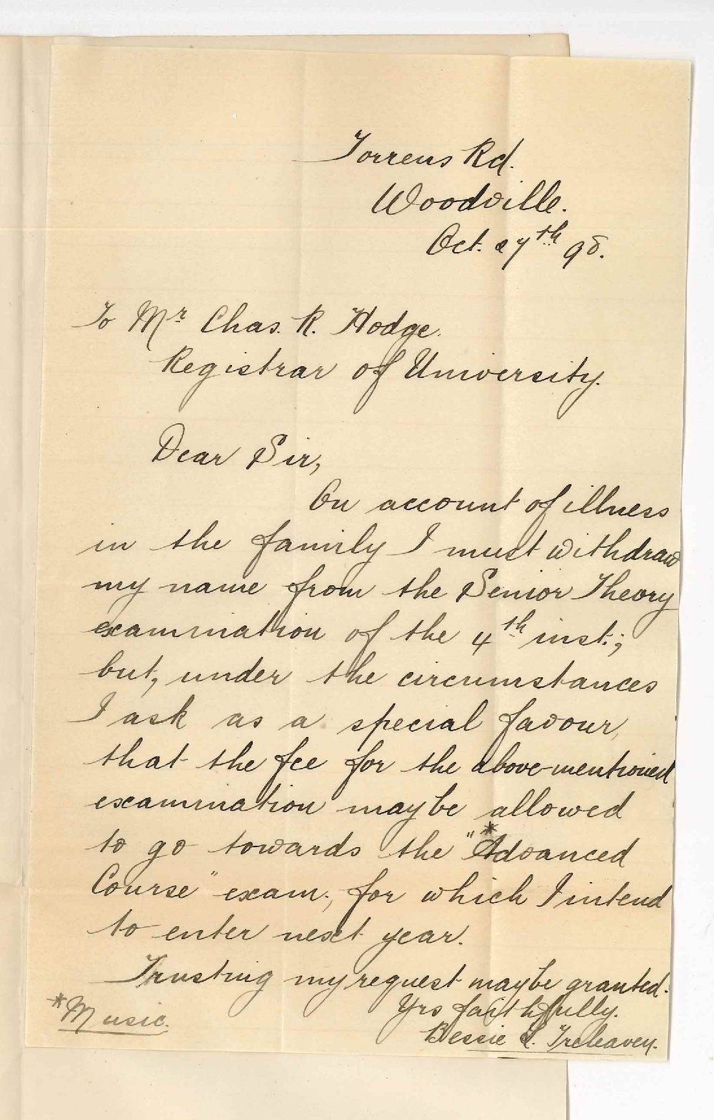 Miss Bessie L Treleaven - Woodville - Asking that fee paid for Senior Theory go towards fee for Advanced Course Exam in 1899