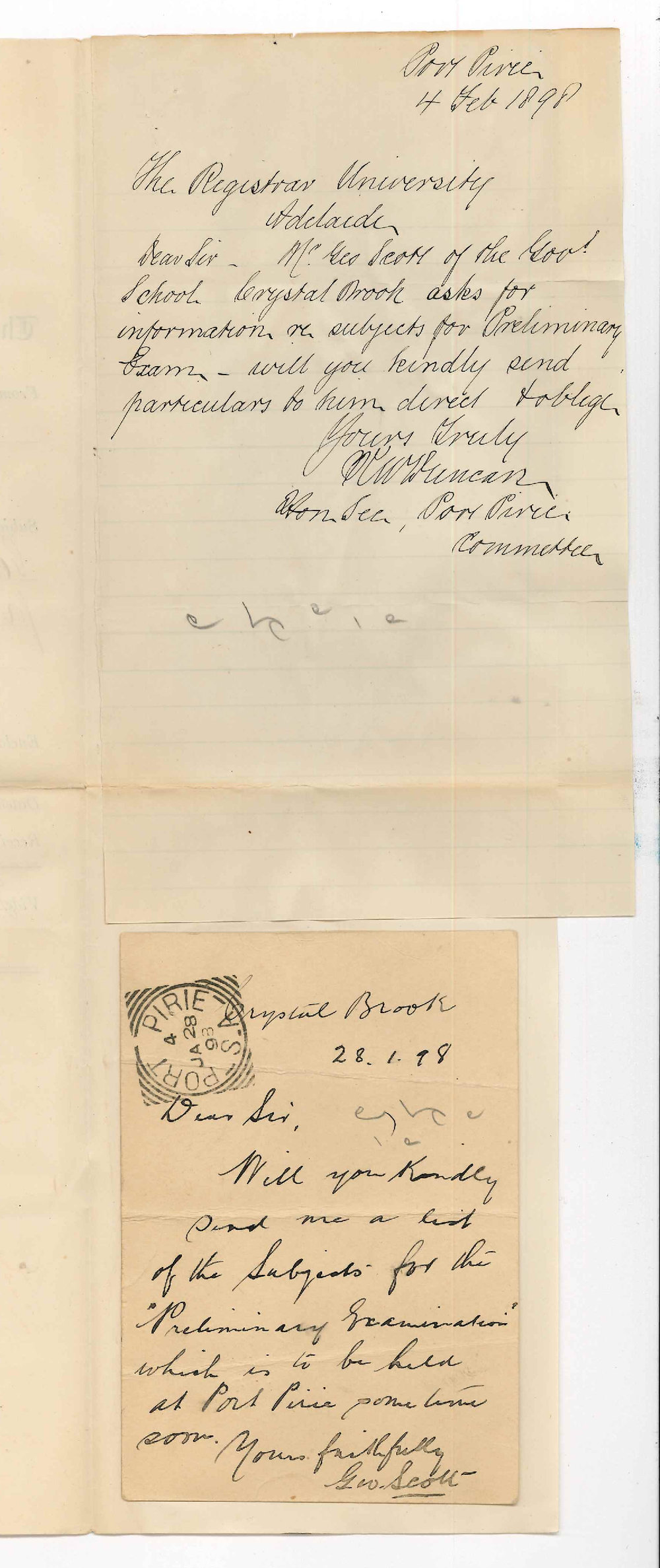 K W Duncan - Port Pirie - Enclosing request from Mr George Scott list of subjects for Preliminary Examination at Port Pirie