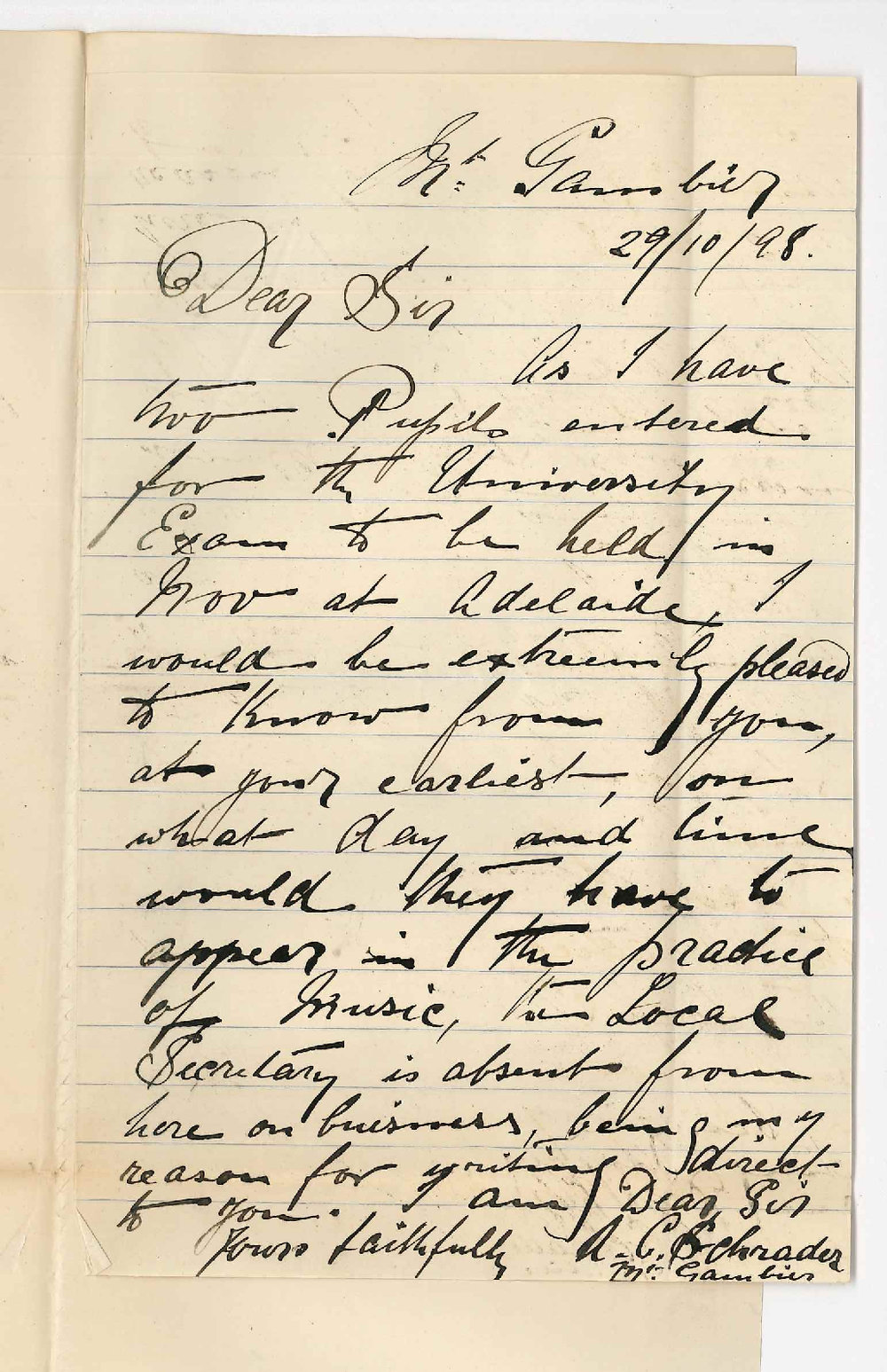 A C Schrader - Mount Gambier - Music Exams Practical