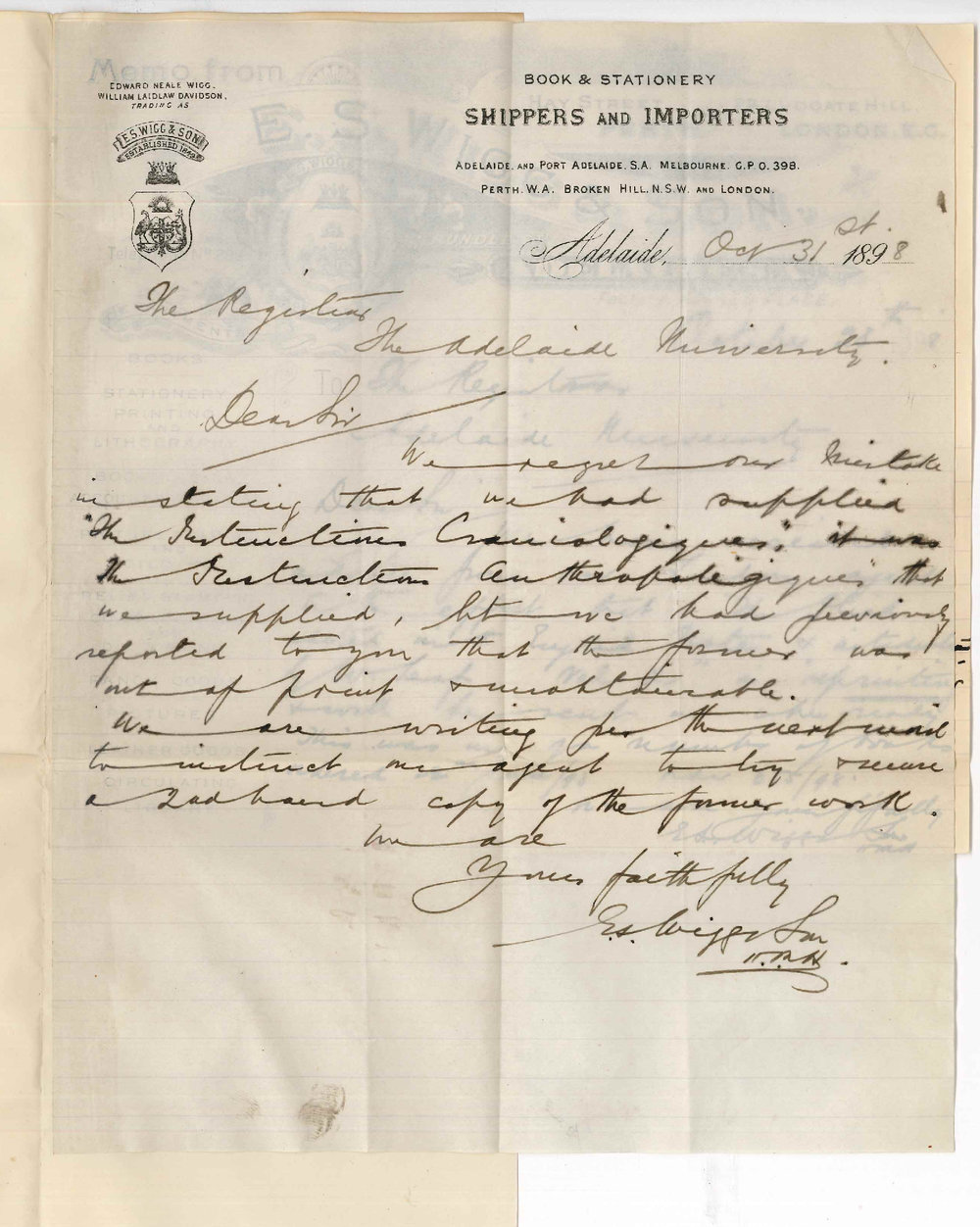 E S Wigg and Son - Adelaide - Concerning books ordered for Library