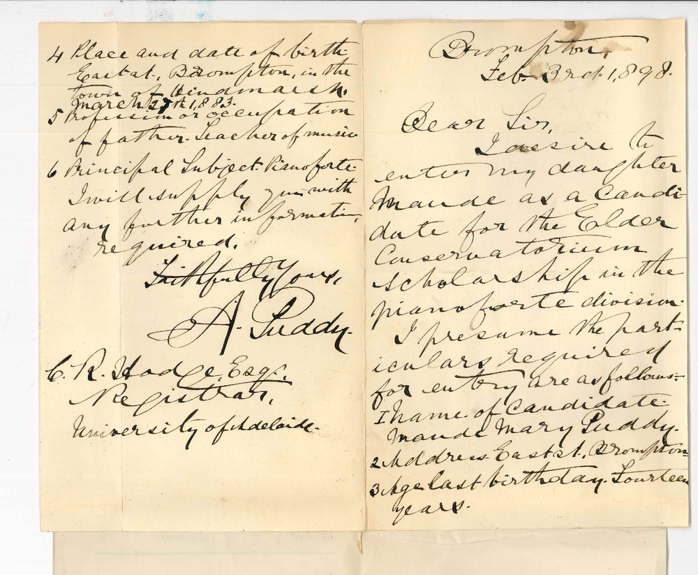A Puddey - Brompton - Entering Miss Maude Mary Puddy for Elder Conservatorium Scholarship with particulars etc