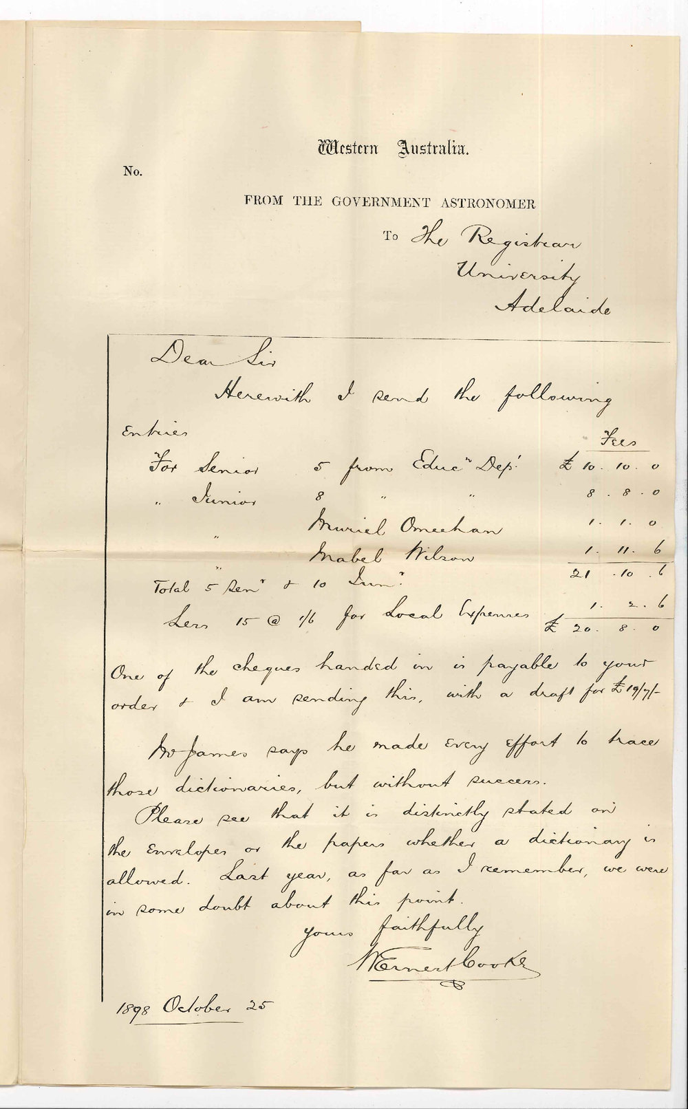 W Ernest Cooke MA - Perth - Entries for Junior and Senior Examinations