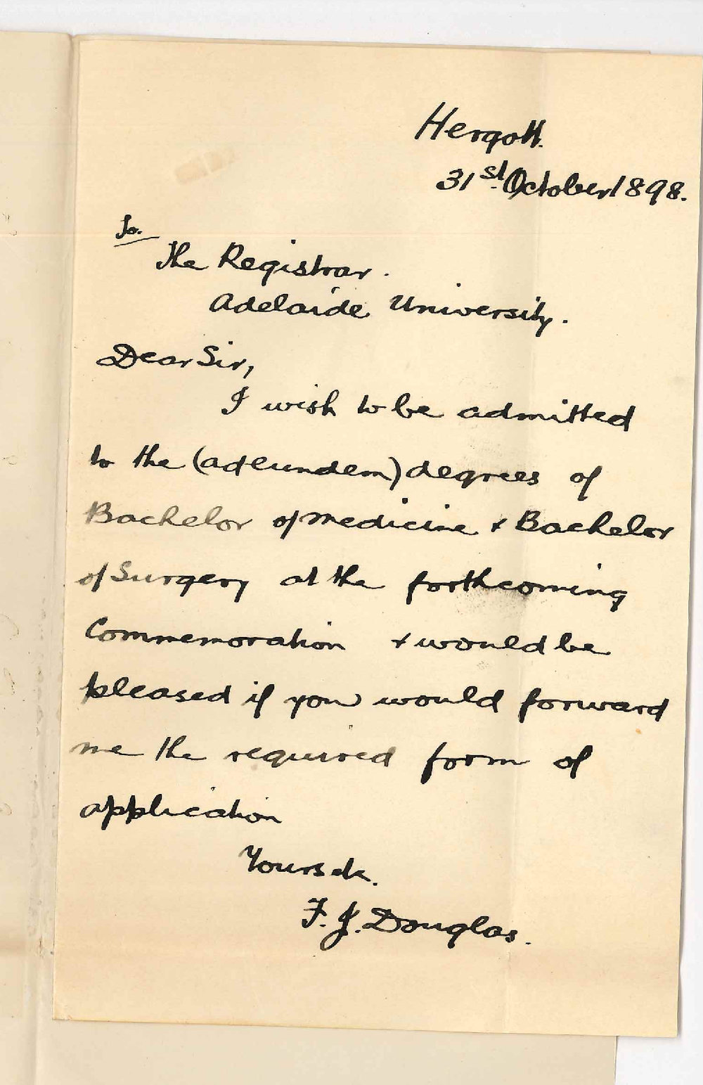 Francis John Douglas - Hergott - Admission ad eundem Degrees MB and ChB