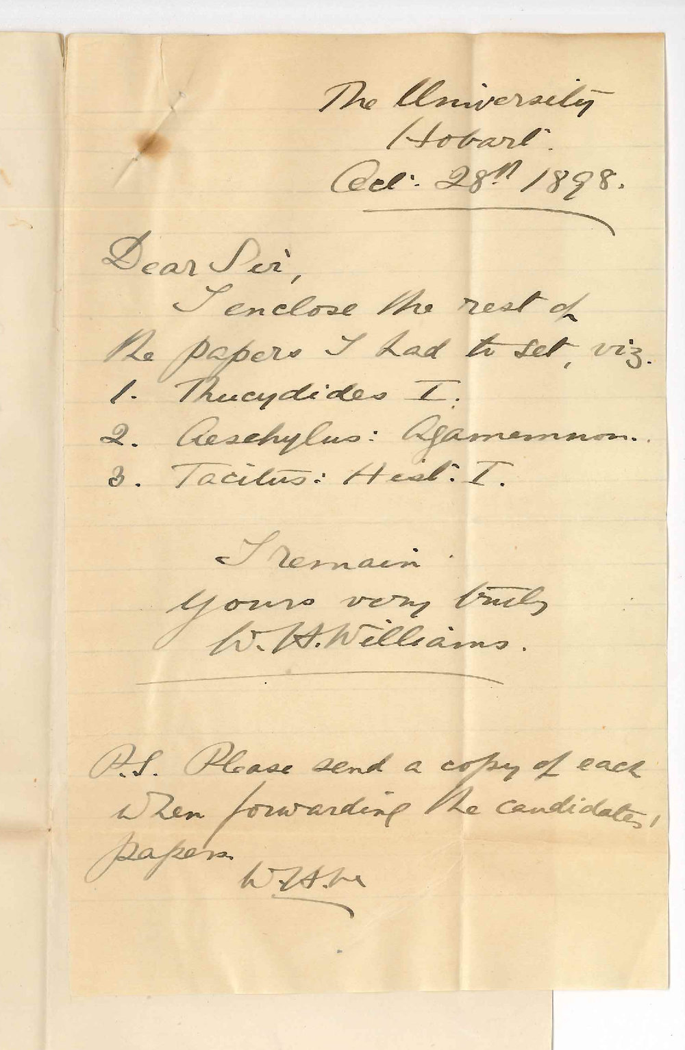 Professor W H Williams - Hobart - Enclosing Exam Papers