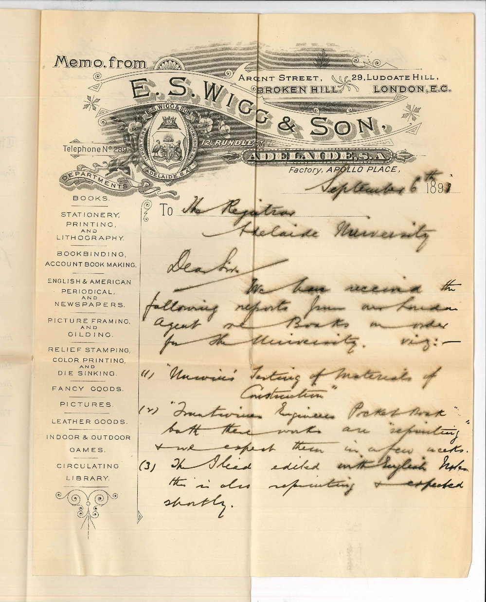 E S Wigg and Son - Adelaide - Concerning Books for Library