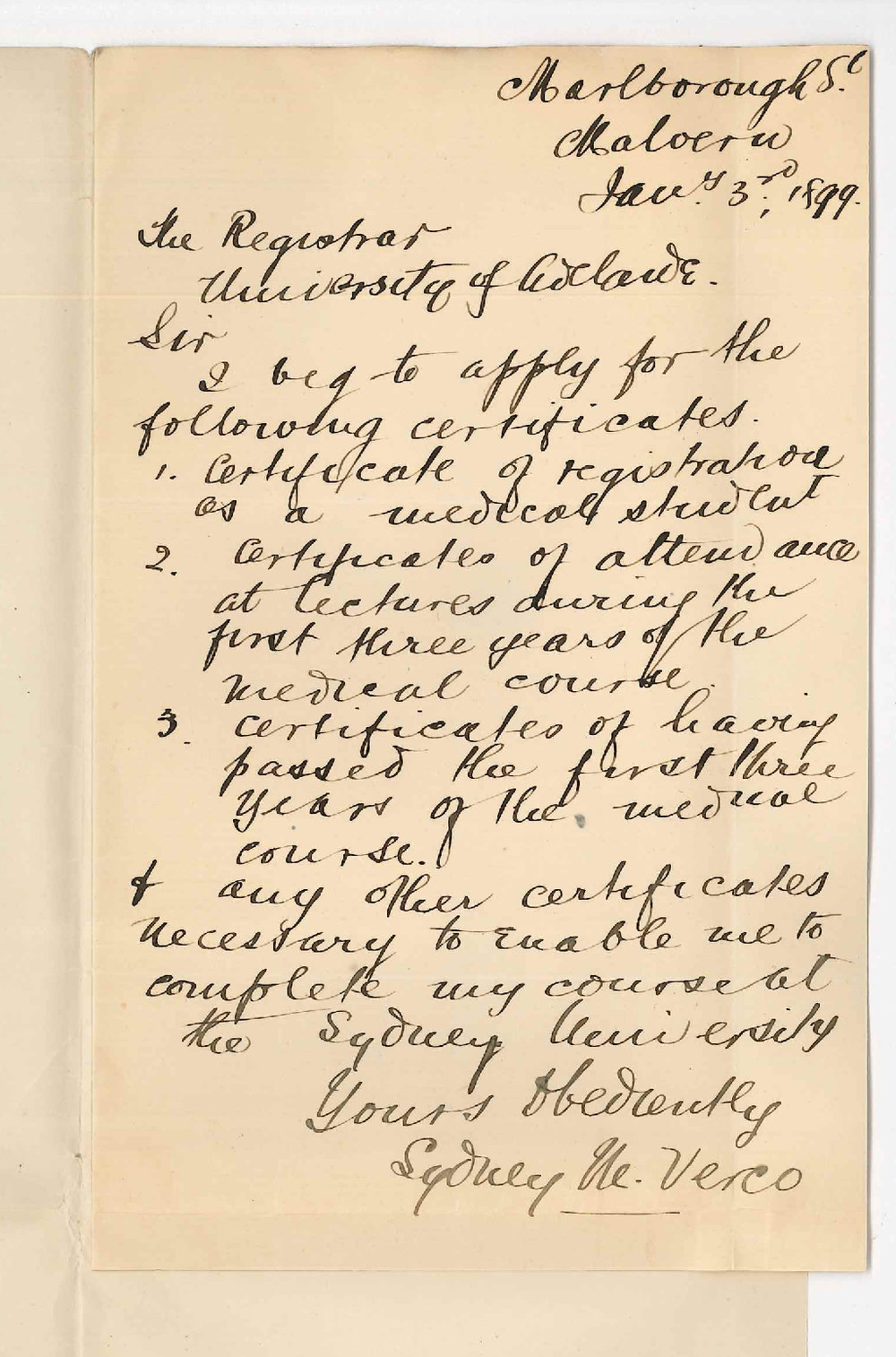 Sydney Manton Verco - Malvern - Request for Medical Certificates