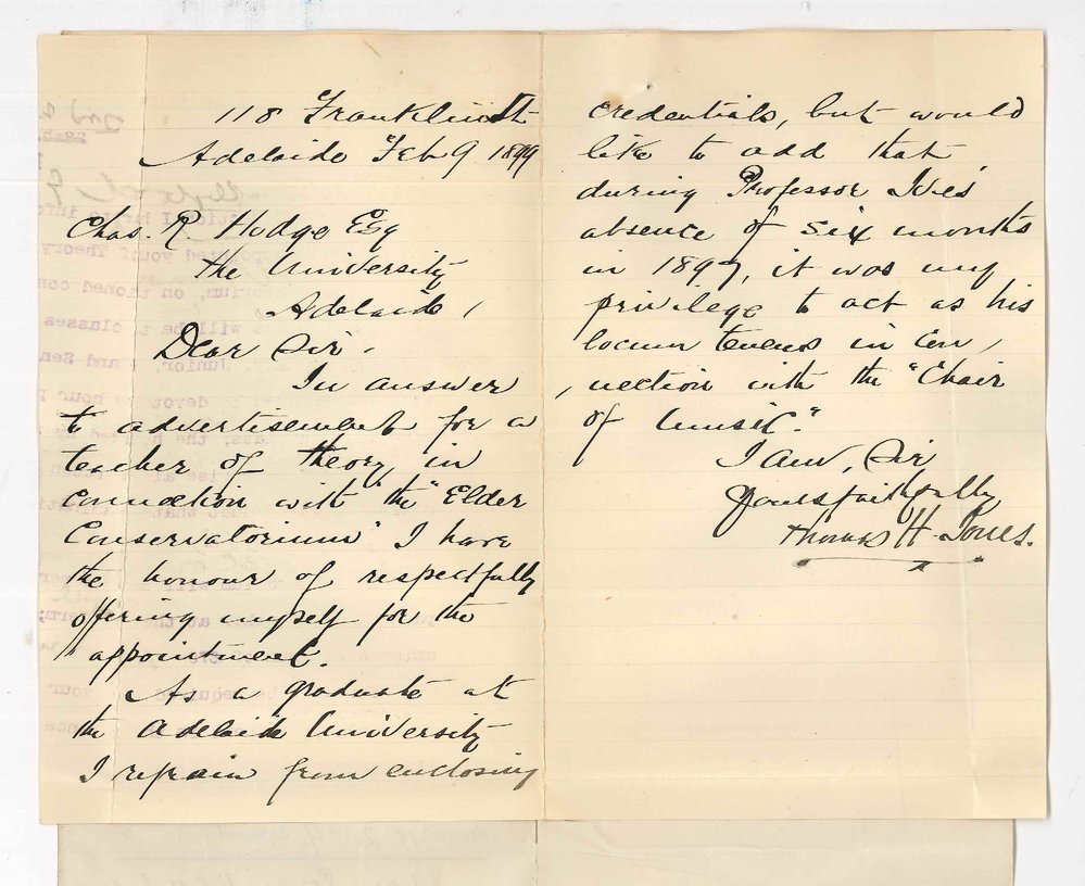 Thomas H Jones - 118 Franklin Street - Application Position Theory of Music Teacher at Conservatorium