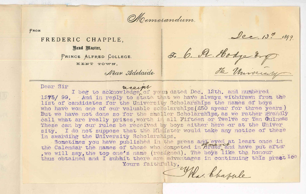 Frederic Chapple - Prince Alfred College - Concerning University Scholarships
