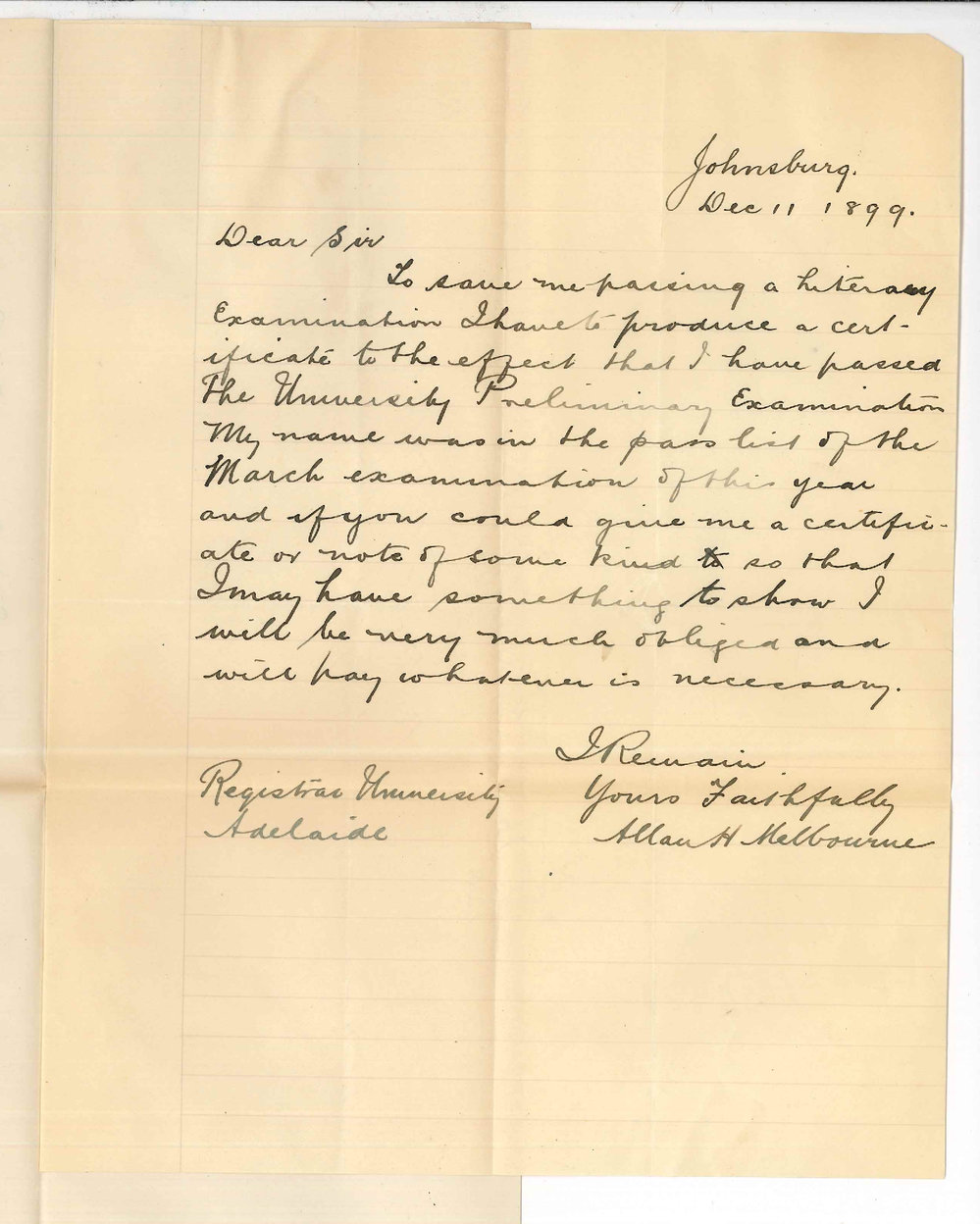 Allan H Melbourne - Johnsburg - Requesting Certificate for having passed Preliminary Examination