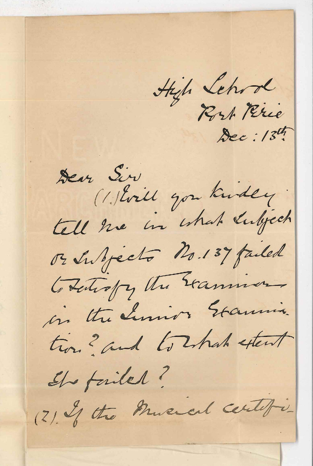 Miss Bessie Scott - High School - Port Pirie - Requesting particulars failure of number 137 Junior Exam and Requesting Music Certificates