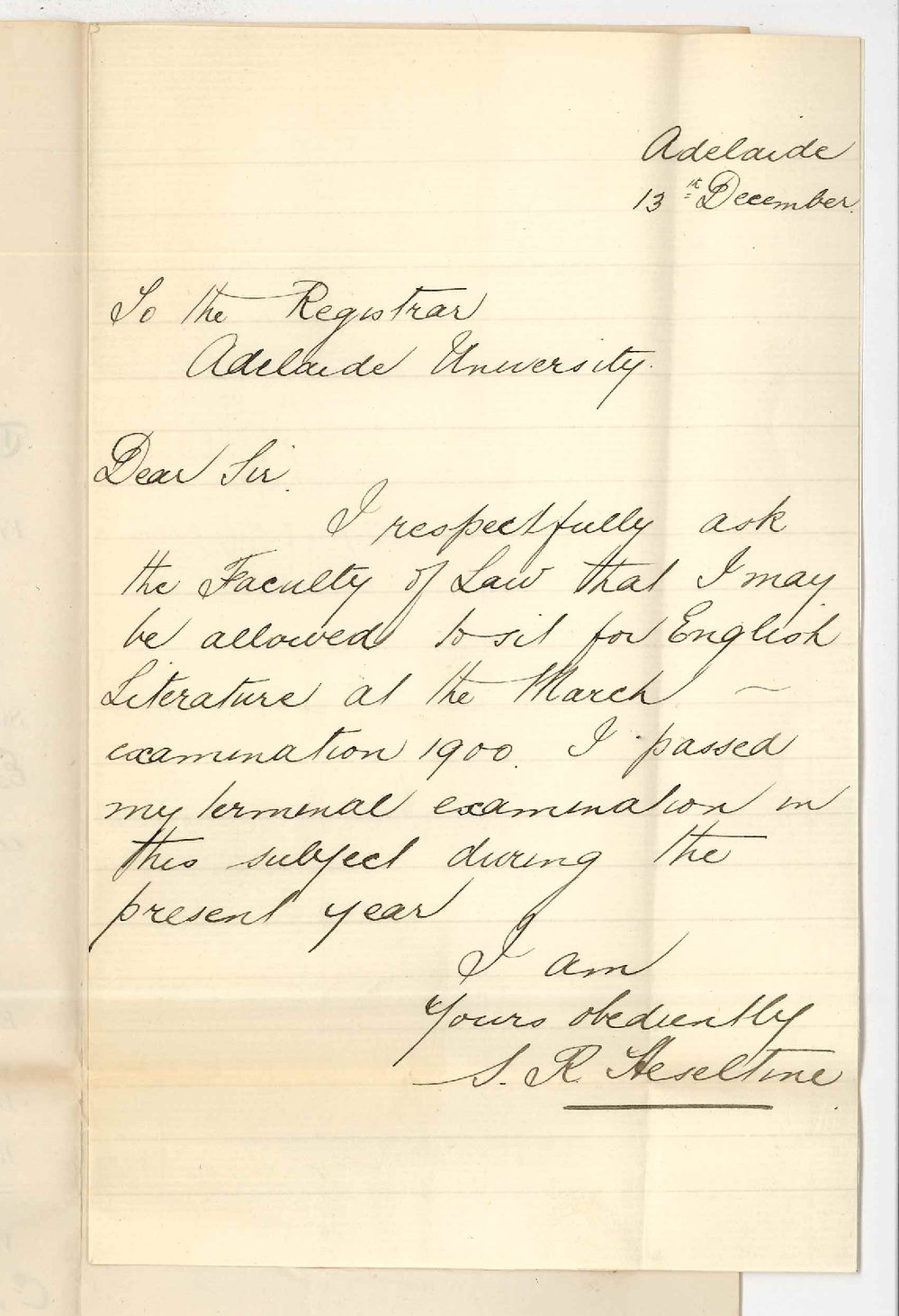 Samuel Richard Heseltine - Adelaide - Permission to sit examination in English Language and Literature in March 1900