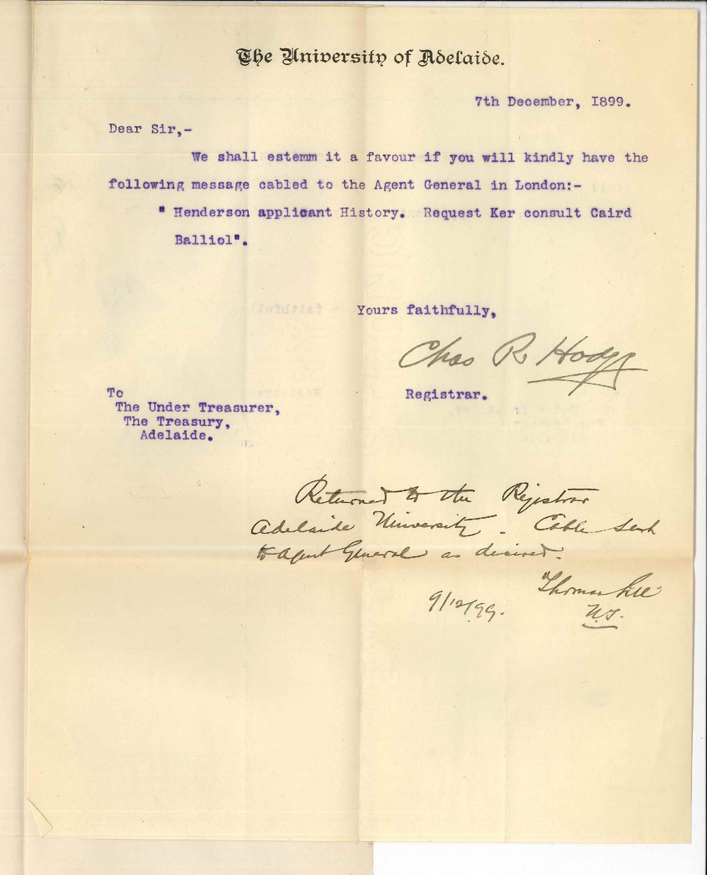 The Treasurer - Adelaide - Cable sent to Agent General as requested