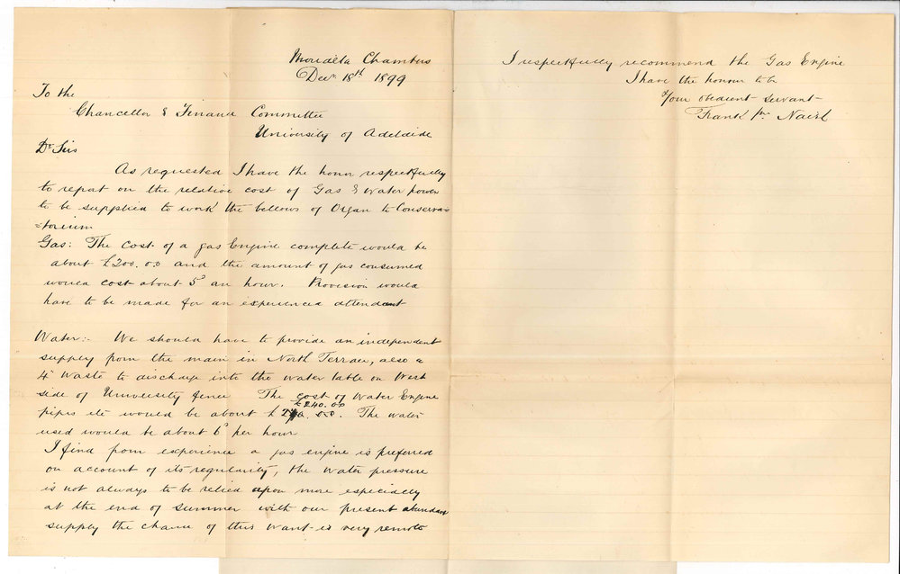 Frank John Naish - Adelaide - Cost of Gas and Water power for bellows of Conservatorium Organ