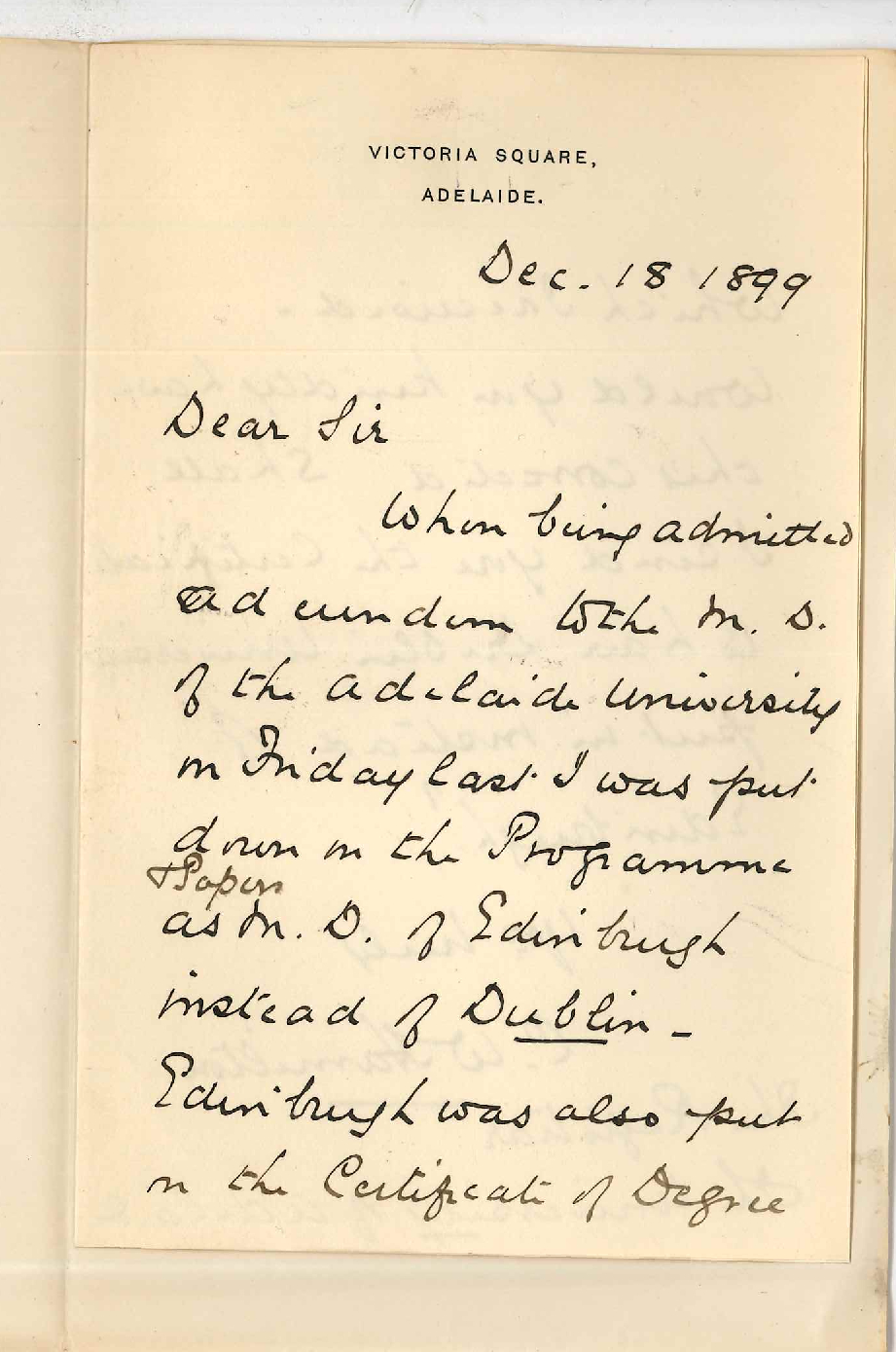 C W Hamilton MD - Adelaide - Error in Degree Certificate