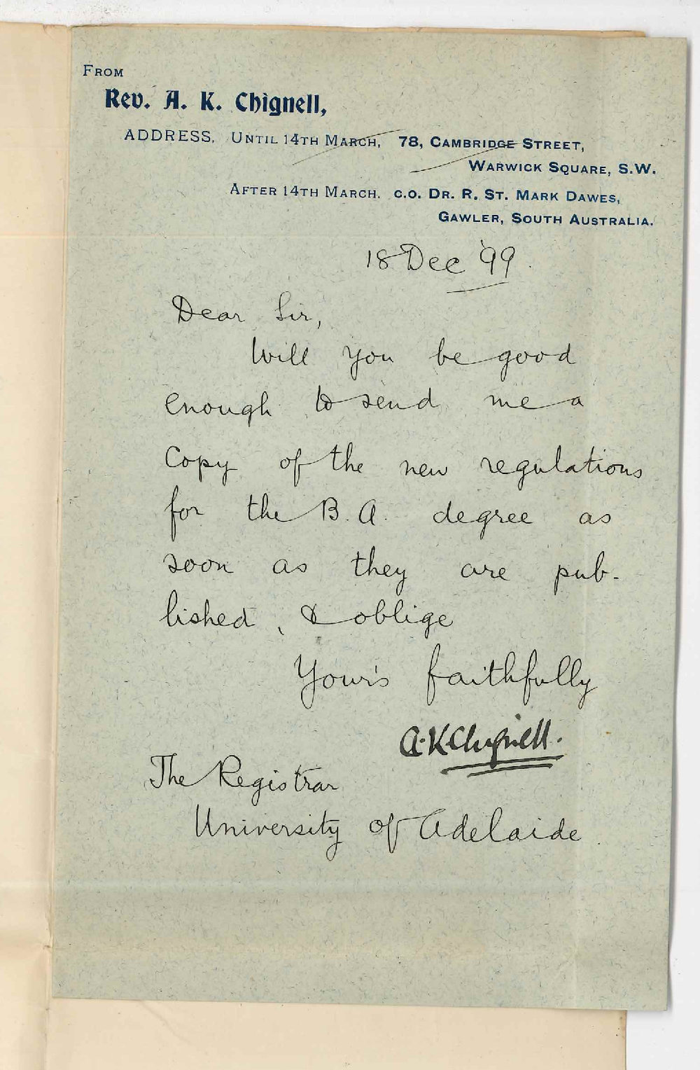 Reverend Arthur Kent Chignell - Gawler - New BA Regulations