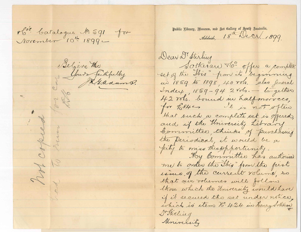 Joseph Robert George Adams - Public Library - Purchase of set of Ibis
