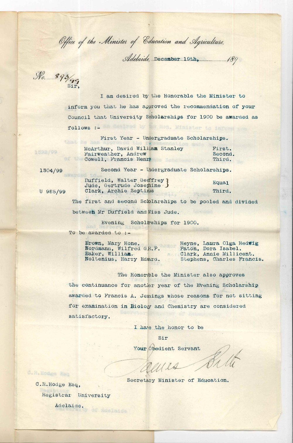 James Bath - Secretary - Office of the Minister of Education and Agriculture - Adelaide - Approves award of Scholarships