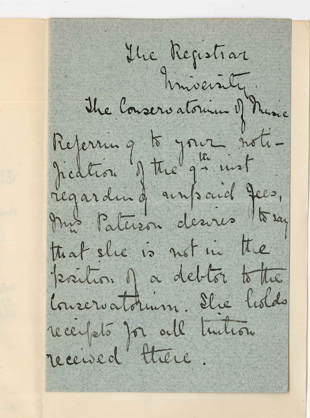 Mrs Paterson - Adelaide - Regarding Conservatorium fees