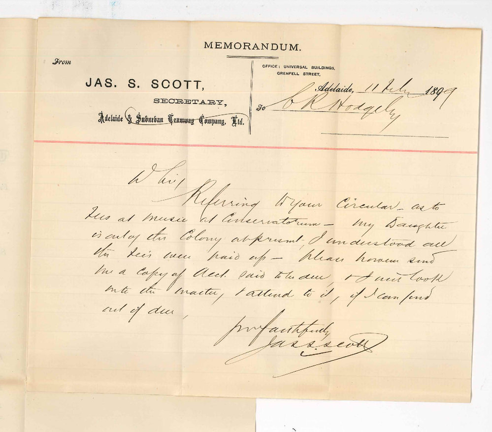 James S Scott - Adelaide and Suburban Tramway Company - Regarding fees at Conservatorium