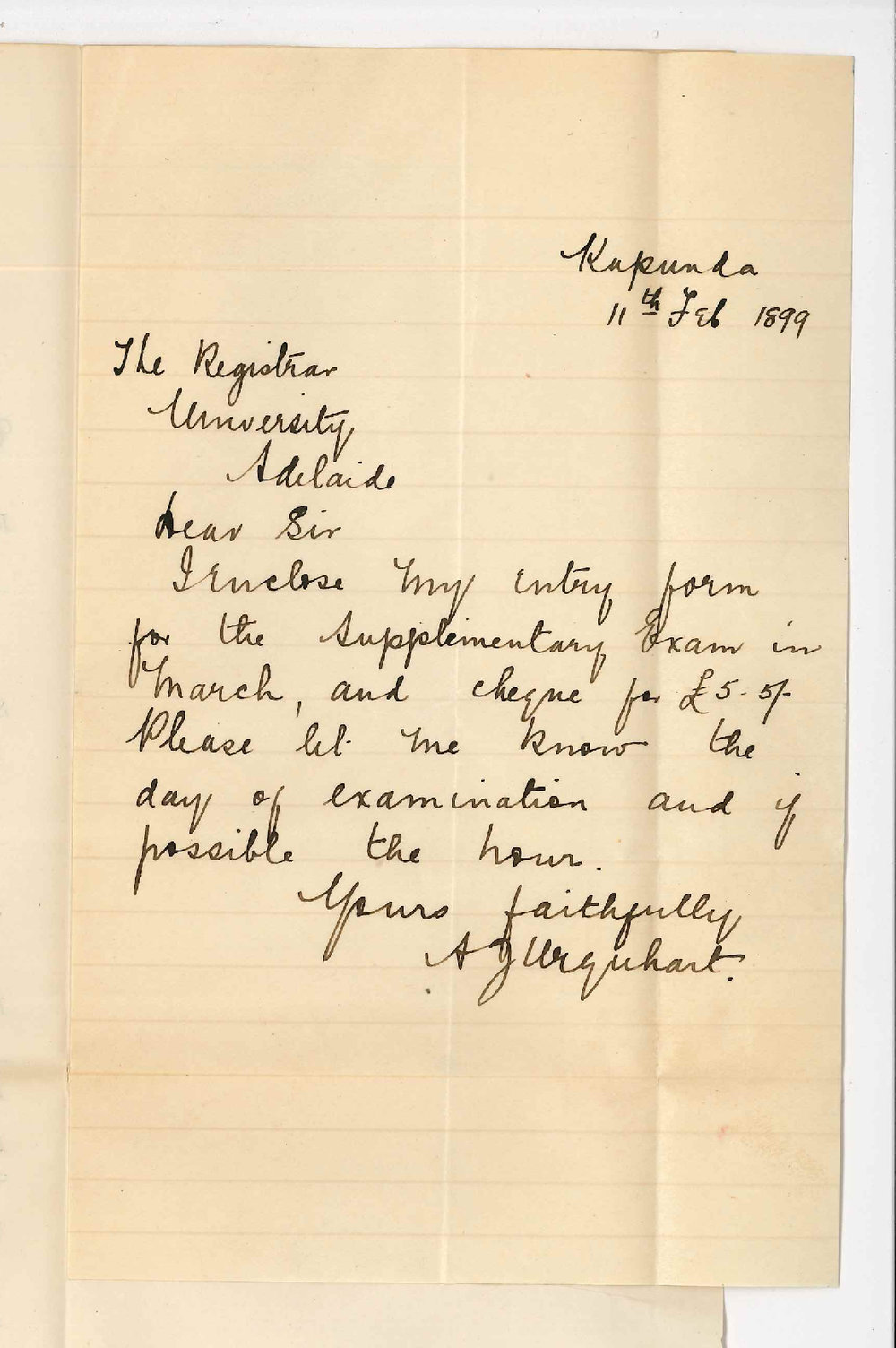 Alfred James Urquhart - Kapunda - Entry for Supplementary Exam in March