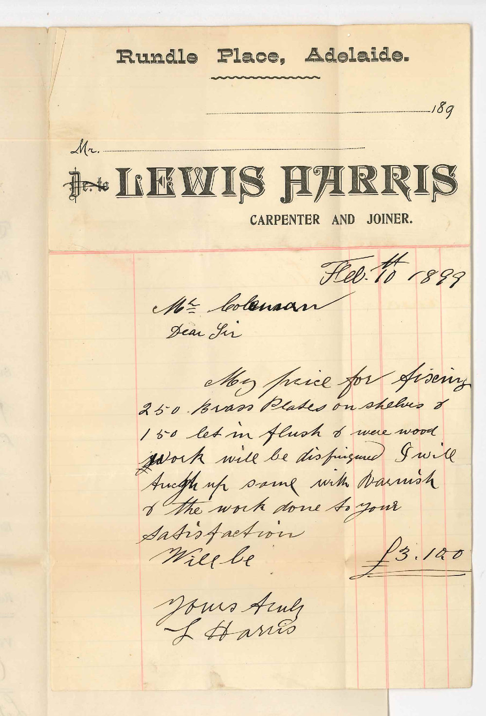 Lewis Harris - Adelaide - Quotation for fixing Brass Plates on Shelves in Library