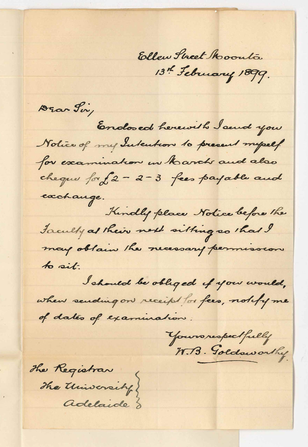 William Beazley Goldsworthy - Moonta - Entry for LLB Exam in March