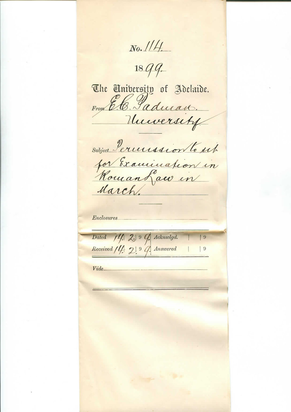 E C Padman - University - Permission to sit for Examination in Roman Law in March