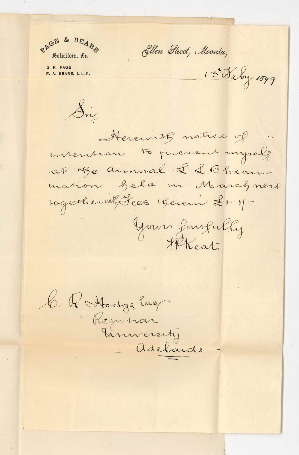 Frederick Phillips Keats - Moonta - Entry for LLB Exam in March