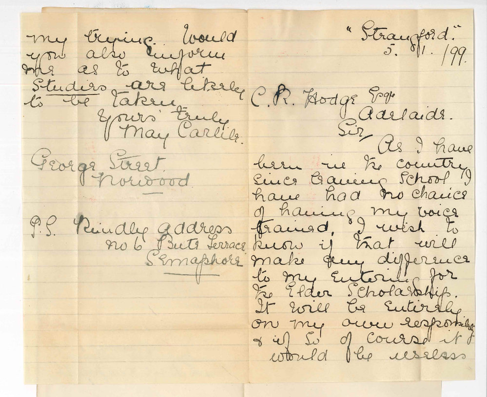 Miss May Carlile - Norwood - Concerning the Elder Scholarship at the Conservatorium of Music