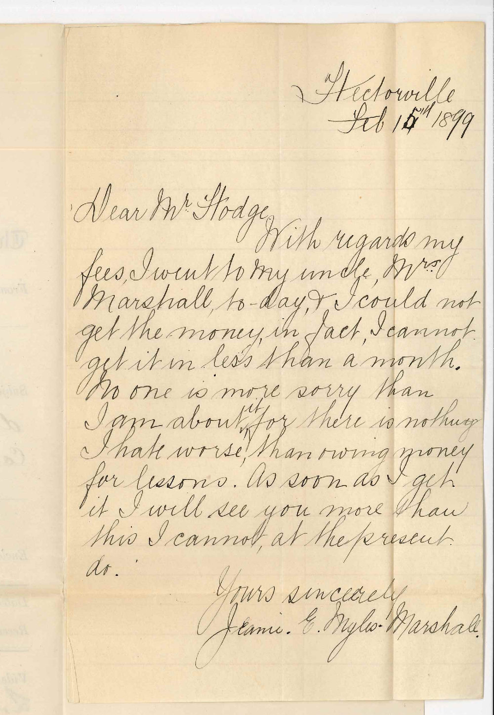 Miss Jeanie E M Marshall - Hectorville - Concerning fees due for tuition at Conservatorium