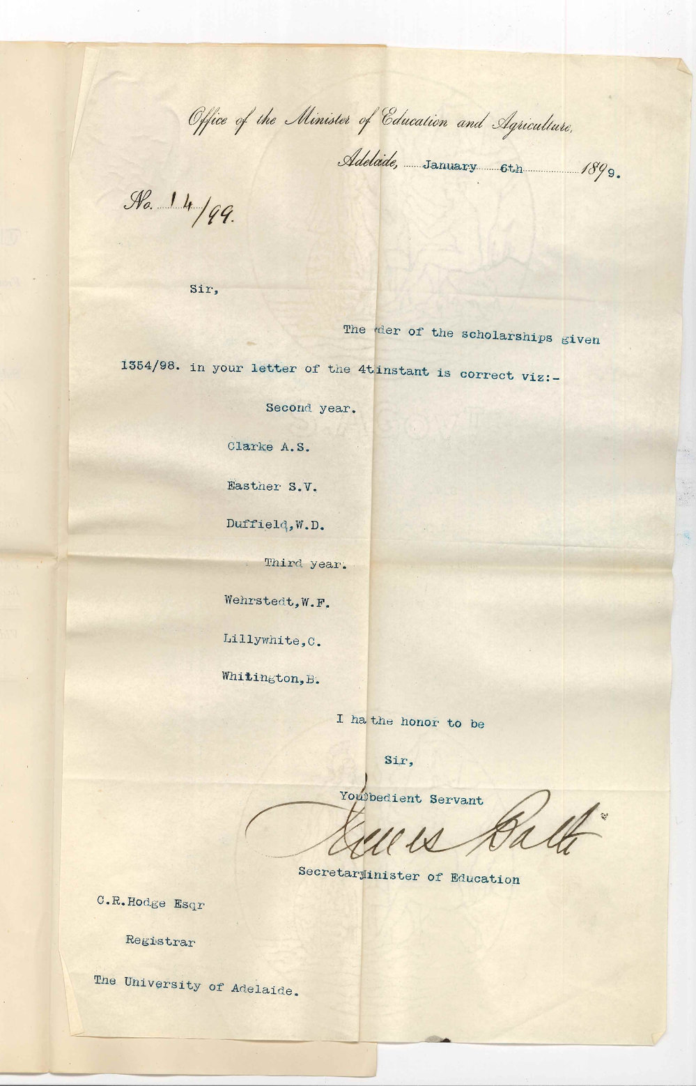 James Bath - Secretary - Office of the Minister of Education and Agriculture - Adelaide - Concerning Undergraduate Scholarships